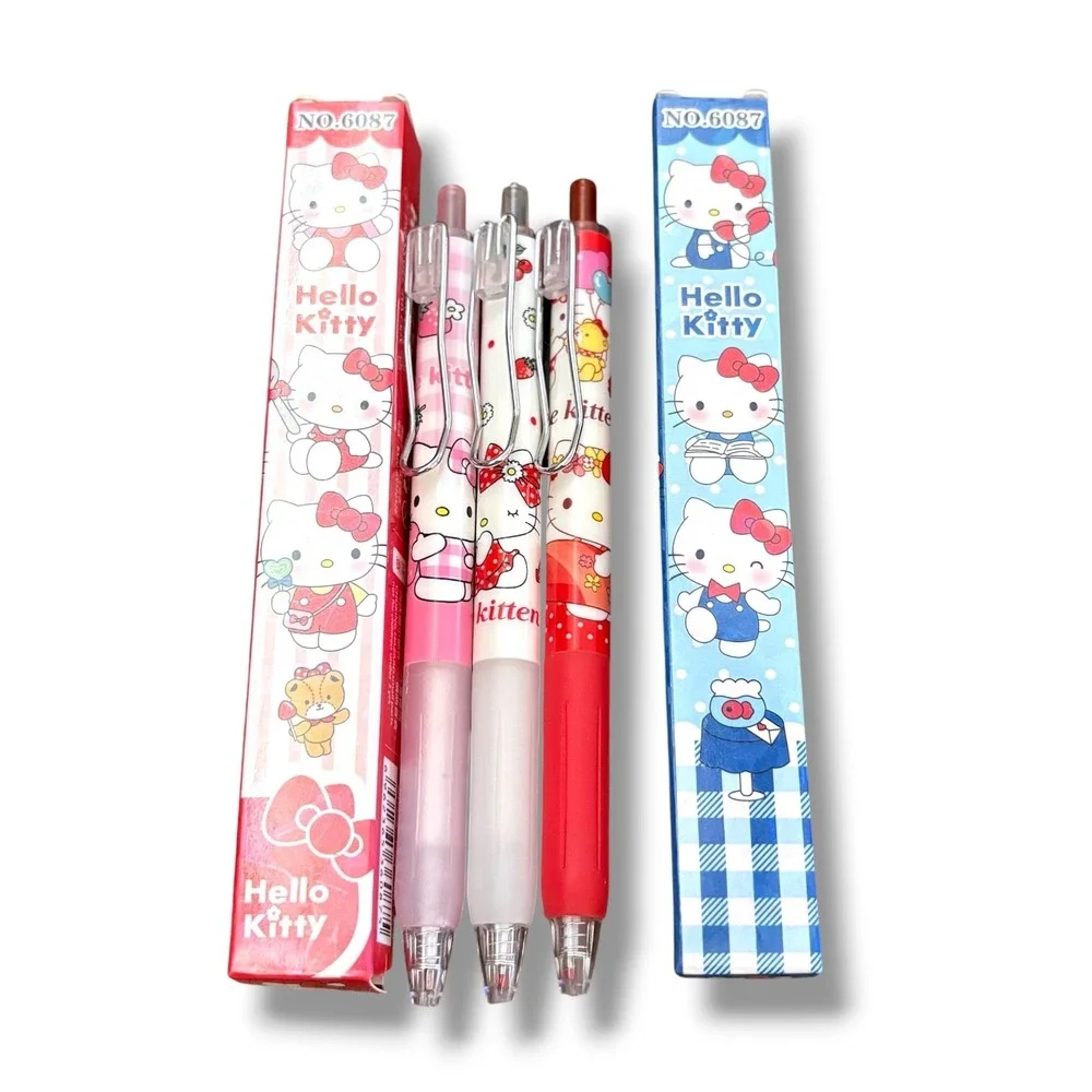 Sanrio Hello Kitty Press Gel Ink Pen Set 3pc Retractable Kawaii Pink Red NO.6087